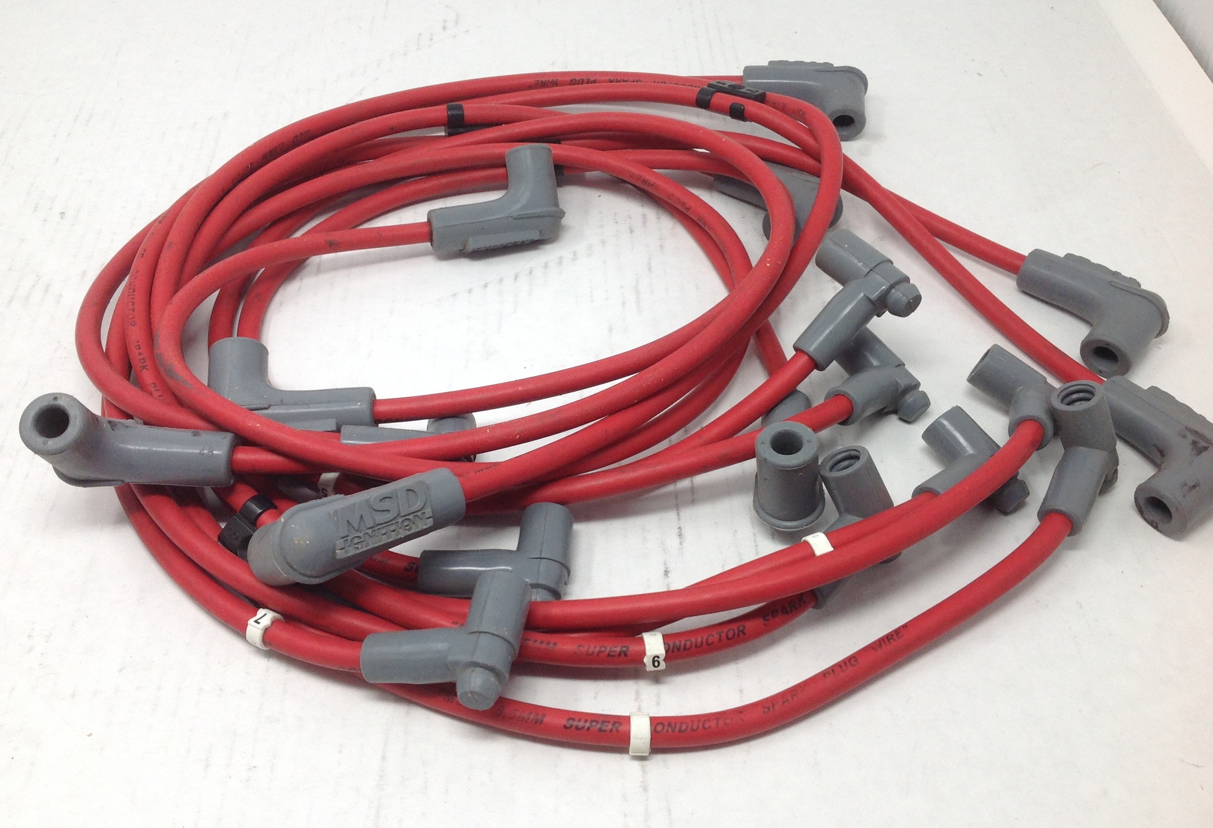 Spark Plug Wires - MSD 8.5mm - Red Boots Super Conductor. 90 degree ends on both ends SET OF 9 Fits: BB Chevy (and others)